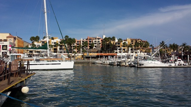 Sailboats and waterfront buildings at the Cabo San Lucas marina